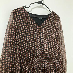 Talbots Women Size 10 Boho Brown Long Sleeve Pattern Prairie Dress Ruffle Midi